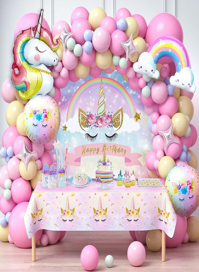 Winrayk 142Pcs Pink Unicorn Party Decorations Birthday Supplies for Girls, Pink Balloon Arch with Backdrop Tablecloth Large Self-designed Foil Balloons, Kids Rainbow Unicorn Theme Birthday Decorations - Image 1